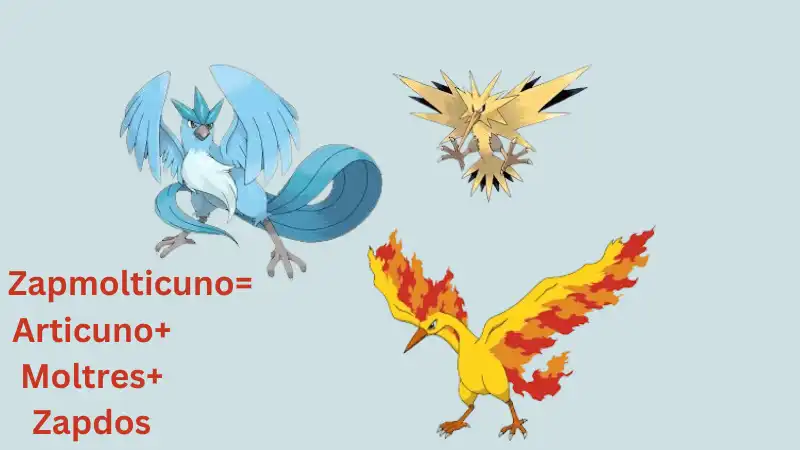 Three pokemon articuno+moltress+zapdos are shown in the image.